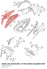 Diagram preview: DUKE 250 SEATCOWL UP RH DARK GALVANO MAT (93008039000KC)