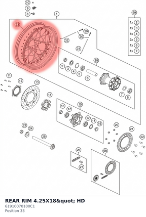 Diagram preview: REAR RIM 4.25X18" HD (61910070100C1)