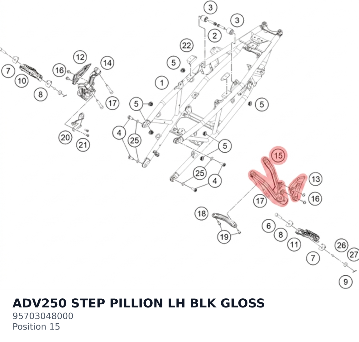 Diagram preview: ADV250 STEP PILLION LH  BLK GLOSS (95703048000)