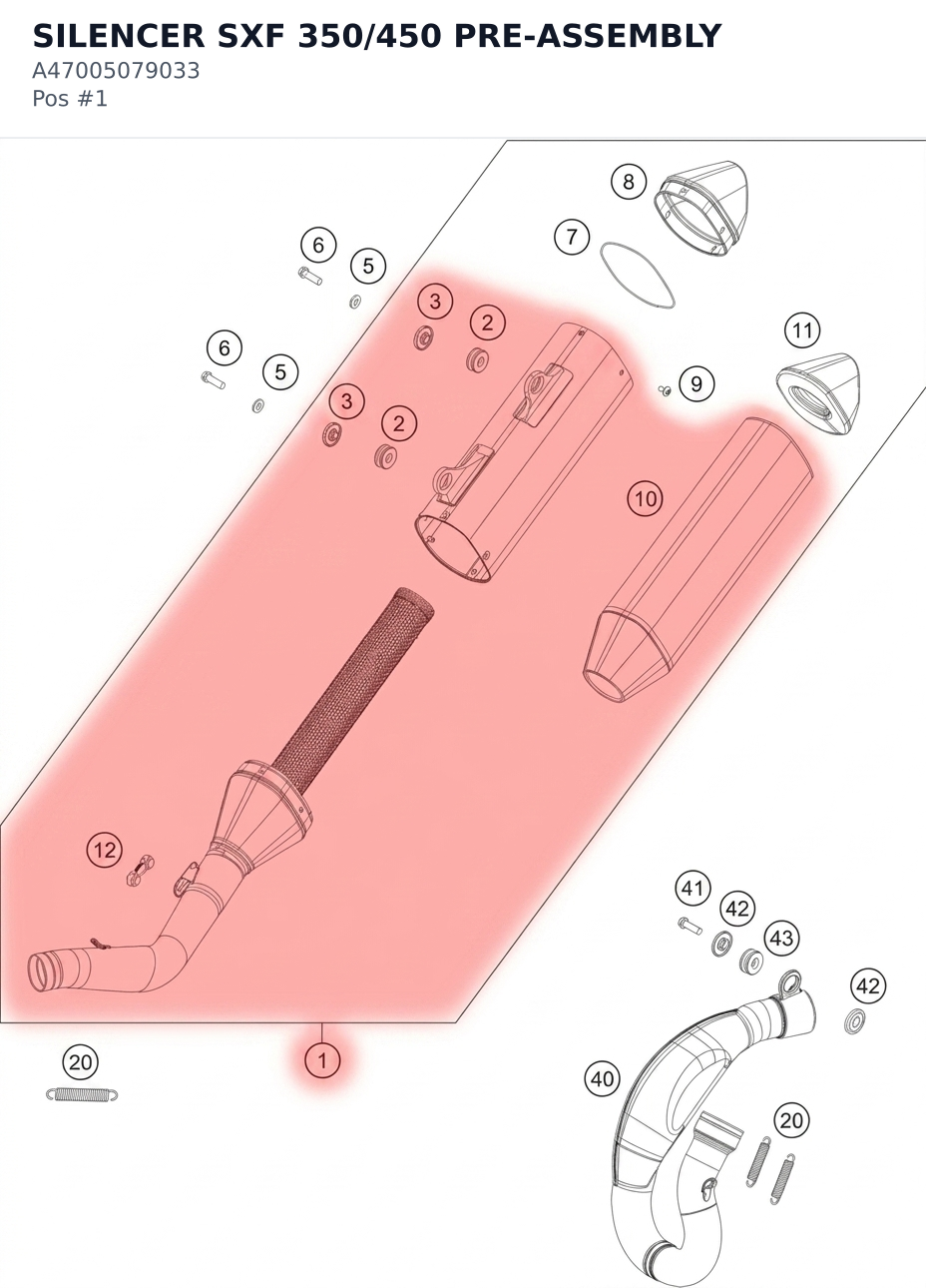 Diagram preview: SILENCER SXF 350/450 PRE-ASSEMBLY (A47005079033)