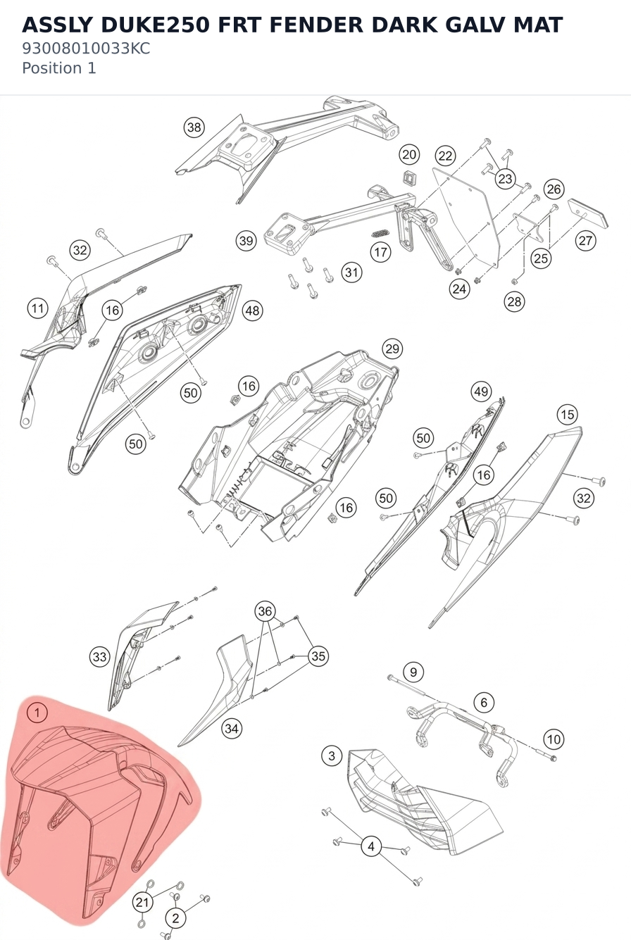 Diagram preview: ASSLY DUKE250 FRT FENDER DARK GALV MAT (93008010033KC)
