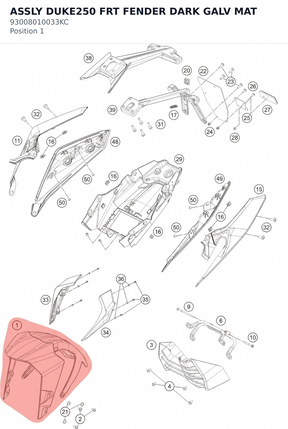 Diagram preview: ASSLY DUKE250 FRT FENDER DARK GALV MAT (93008010033KC)