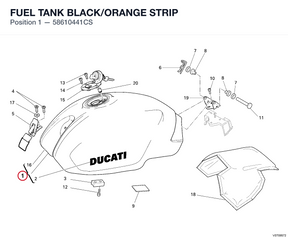 FUEL TANK BLACK/ORANGE STRIP 58610441CS diagram position
