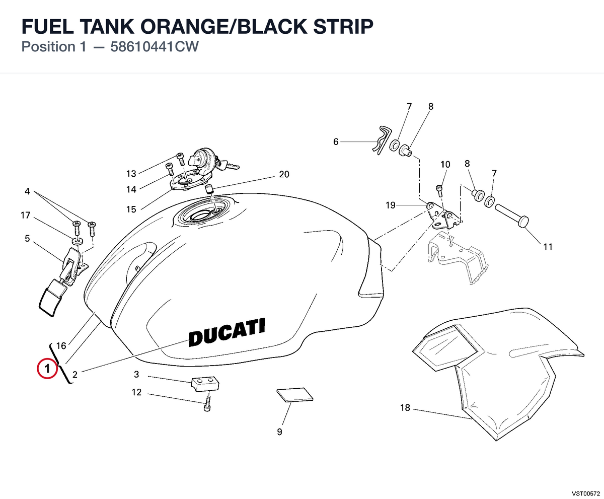 FUEL TANK ORANGE/BLACK STRIP 58610441CW diagram position