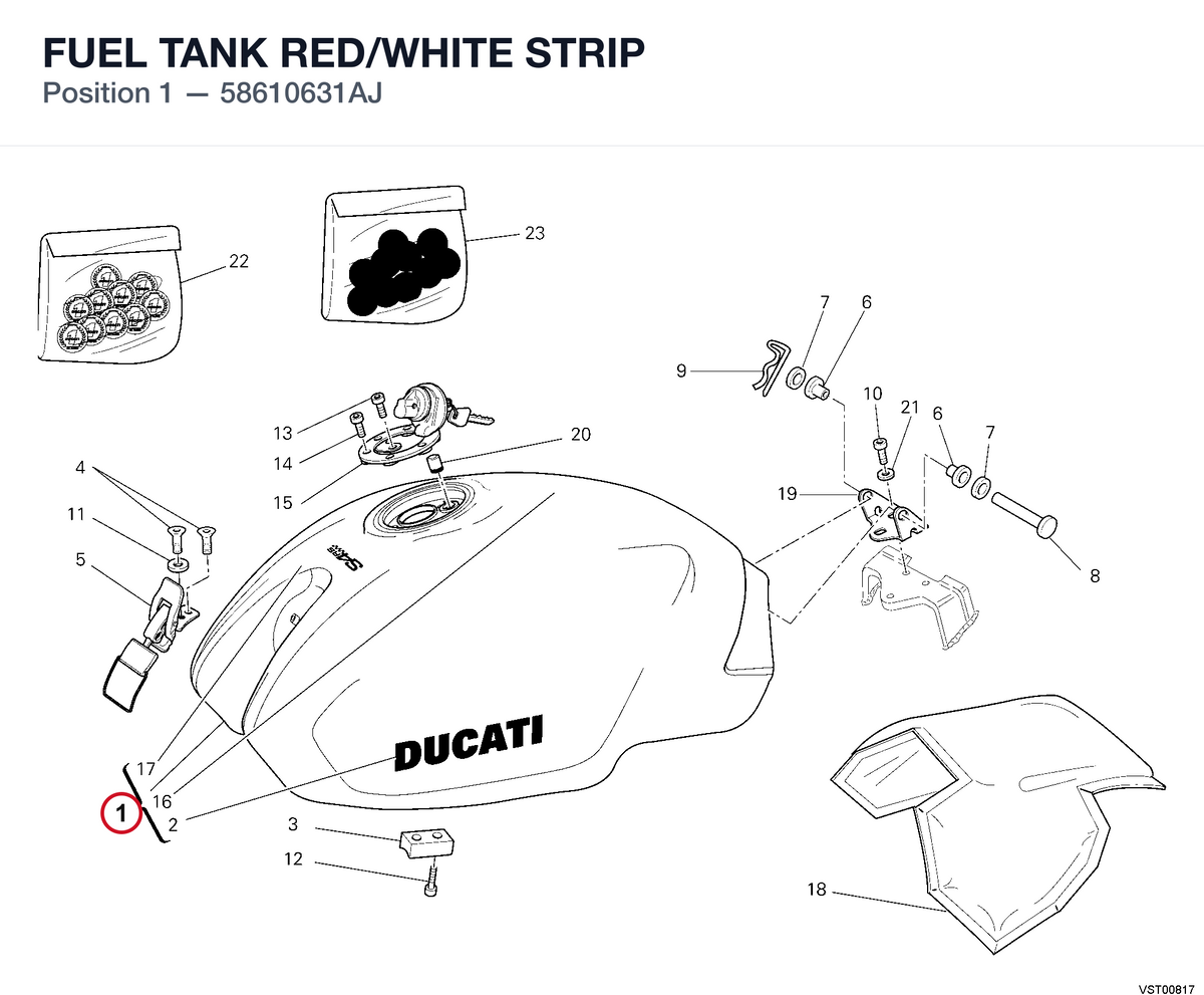 FUEL TANK RED/WHITE STRIP 58610631AJ diagram position