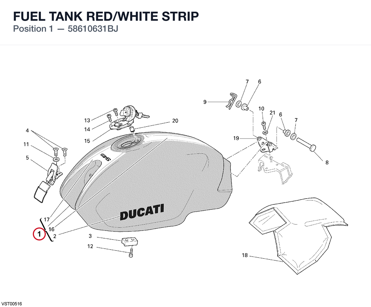 FUEL TANK RED/WHITE STRIP 58610631BJ diagram position