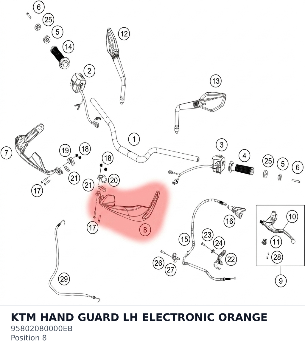 Diagram preview: KTM HAND GUARD LH ELECTRONIC ORANGE (95802080000EB)