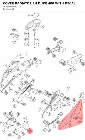 Diagram preview: COVER RADIATOR LH DUKE 400 WITH DECAL (96335031000C1A)