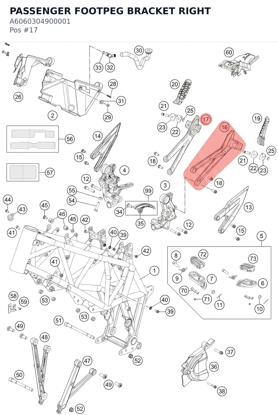 Diagram preview: PASSENGER FOOTPEG BRACKET RIGHT (A6060304900001)