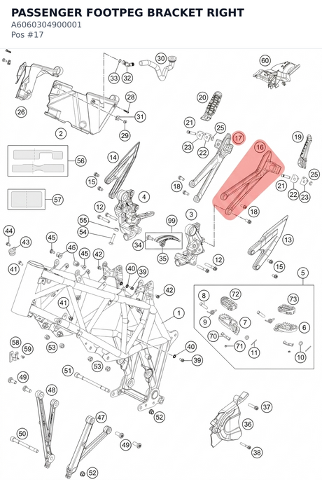 Diagram preview: PASSENGER FOOTPEG BRACKET RIGHT (A6060304900001)
