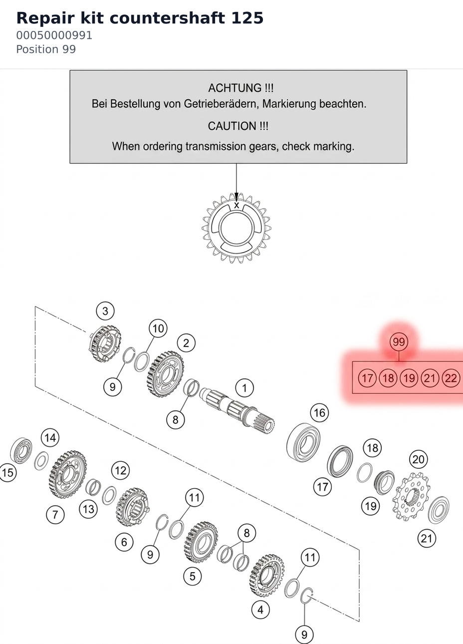 Diagram preview: Repair kit countershaft 125 (00050000991)