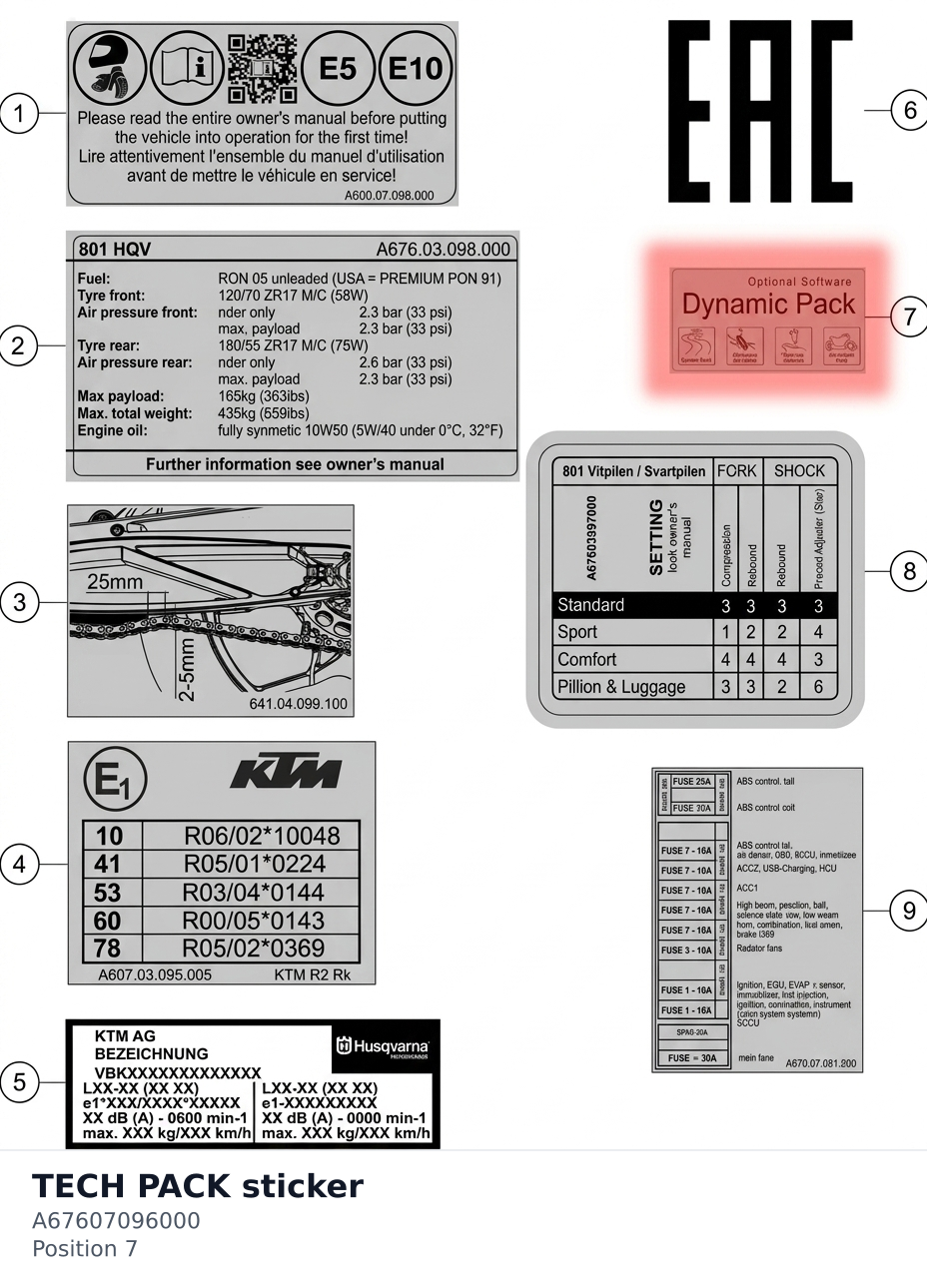 Diagram preview: TECH PACK sticker (A67607096000)