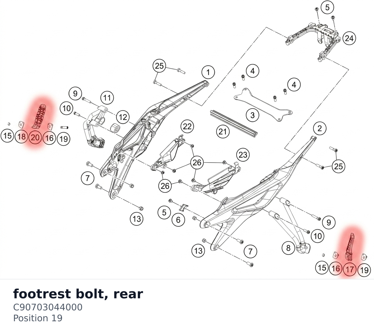 Diagram preview: footrest bolt, rear (C90703044000)
