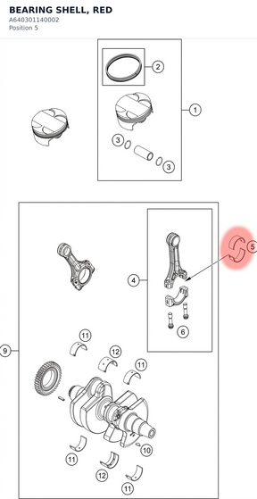 Diagram preview: BEARING SHELL, RED (A640301140002)