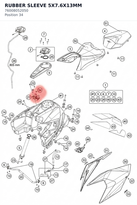 Diagram preview: RUBBER SLEEVE 5X7.6X13MM (76008052050)