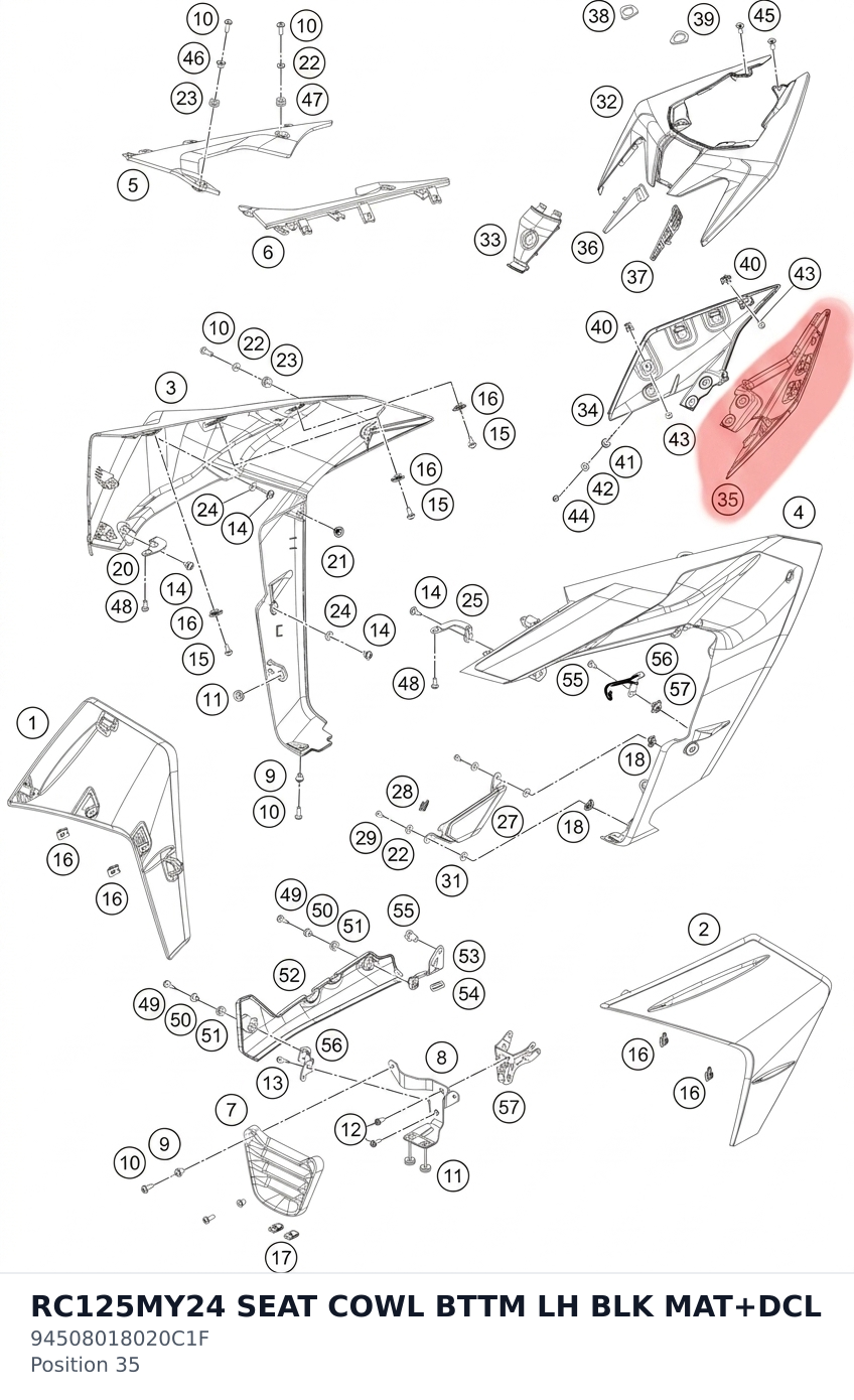 Diagram preview: RC125MY24 SEAT COWL BTTM LH BLK MAT+DCL (94508018020C1F)