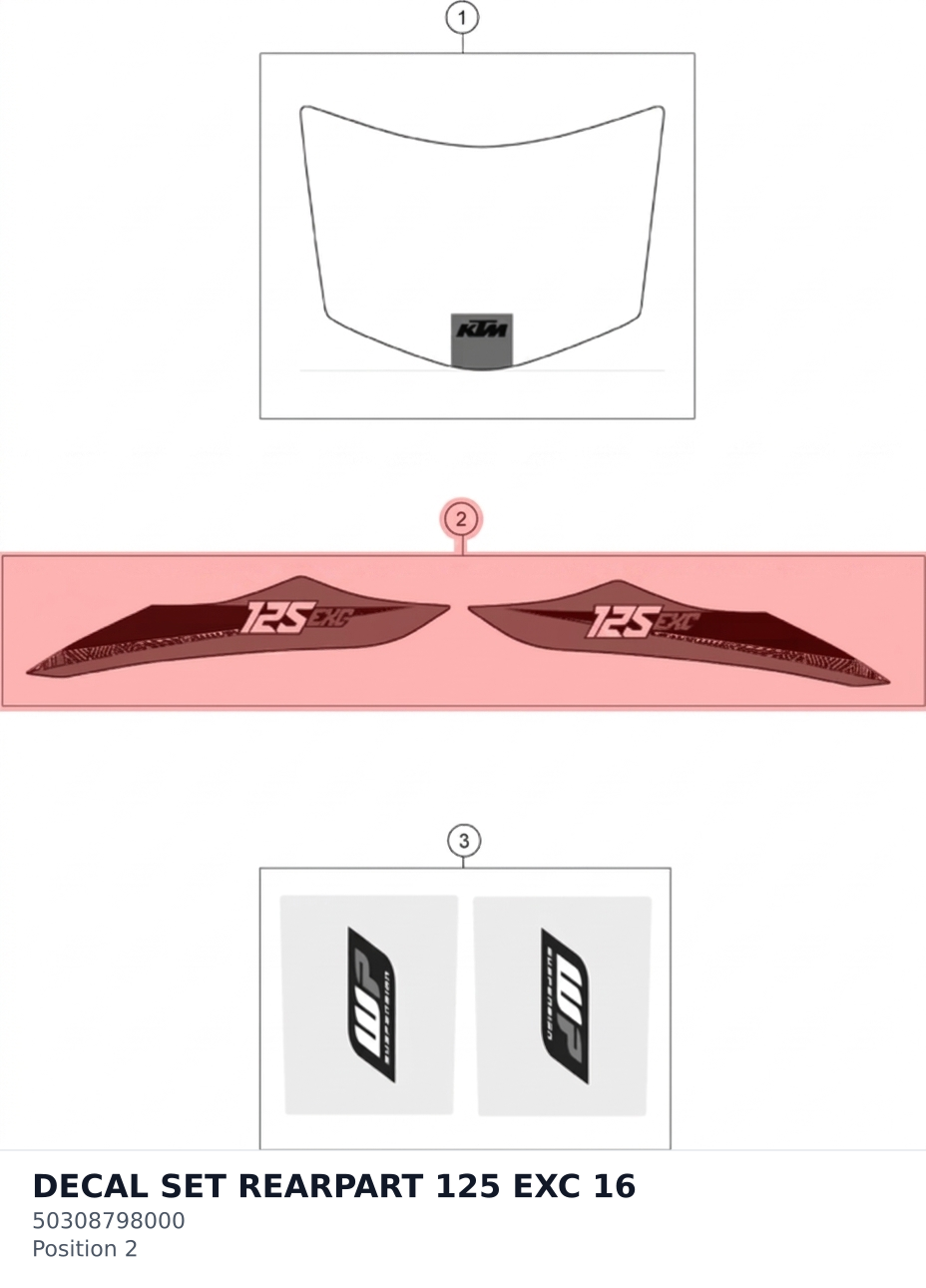 Diagram preview: DECAL SET REARPART 125 EXC  16 (50308798000)