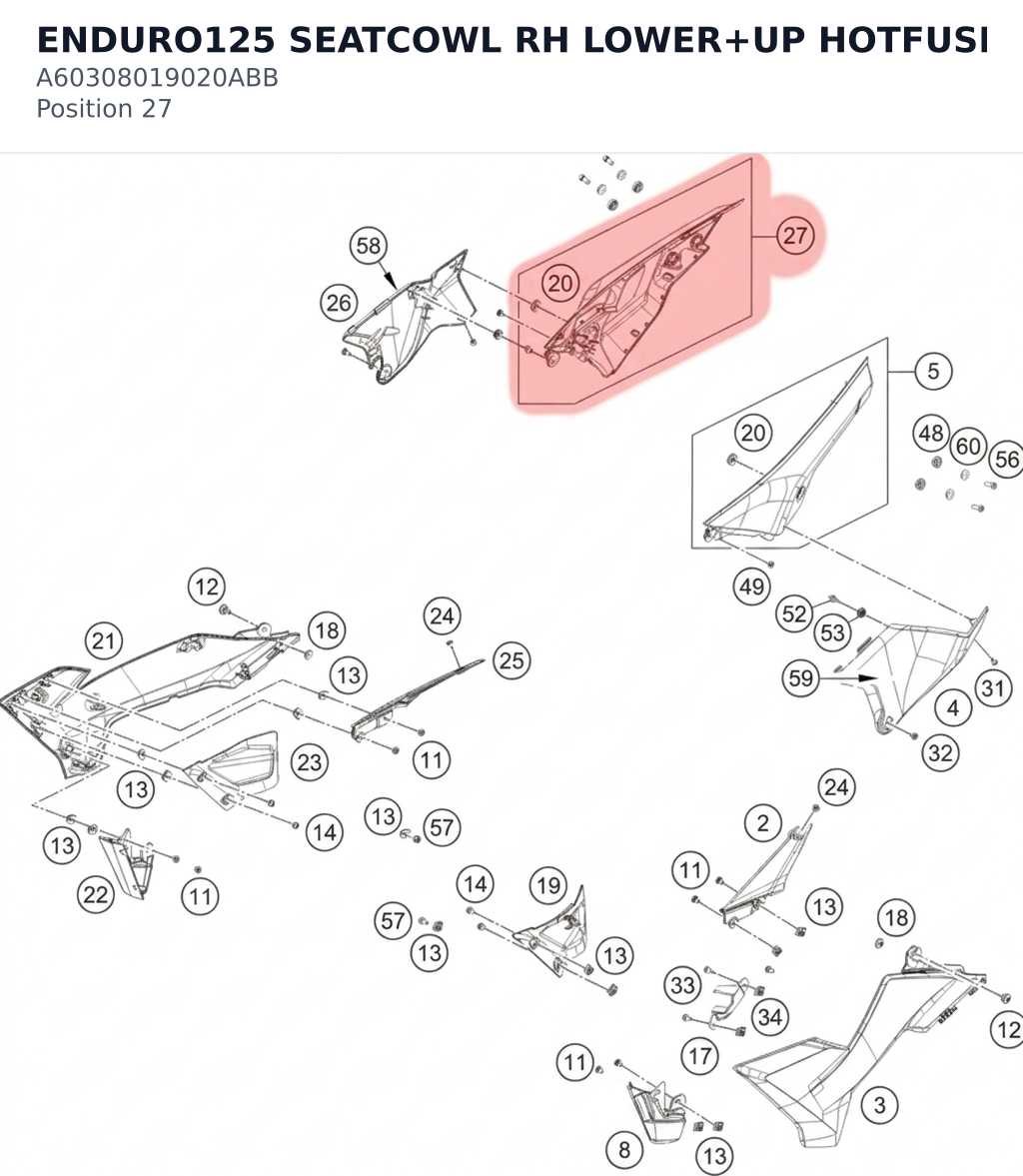 Diagram preview: ENDURO125 SEATCOWL RH LOWER+UP HOTFUSION (A60308019020ABB)