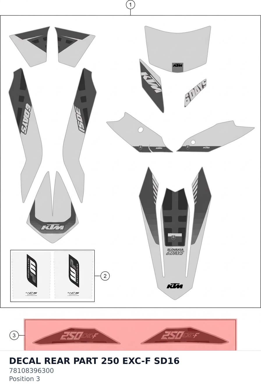 Diagram preview: DECAL REAR PART 250 EXC-F SD16 (78108396300)