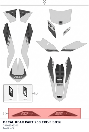 Diagram preview: DECAL REAR PART 250 EXC-F SD16 (78108396300)