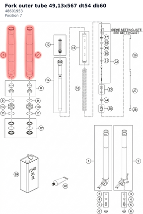 Diagram preview: Fork outer tube 49,13x567 dt54 db60 (48601953)
