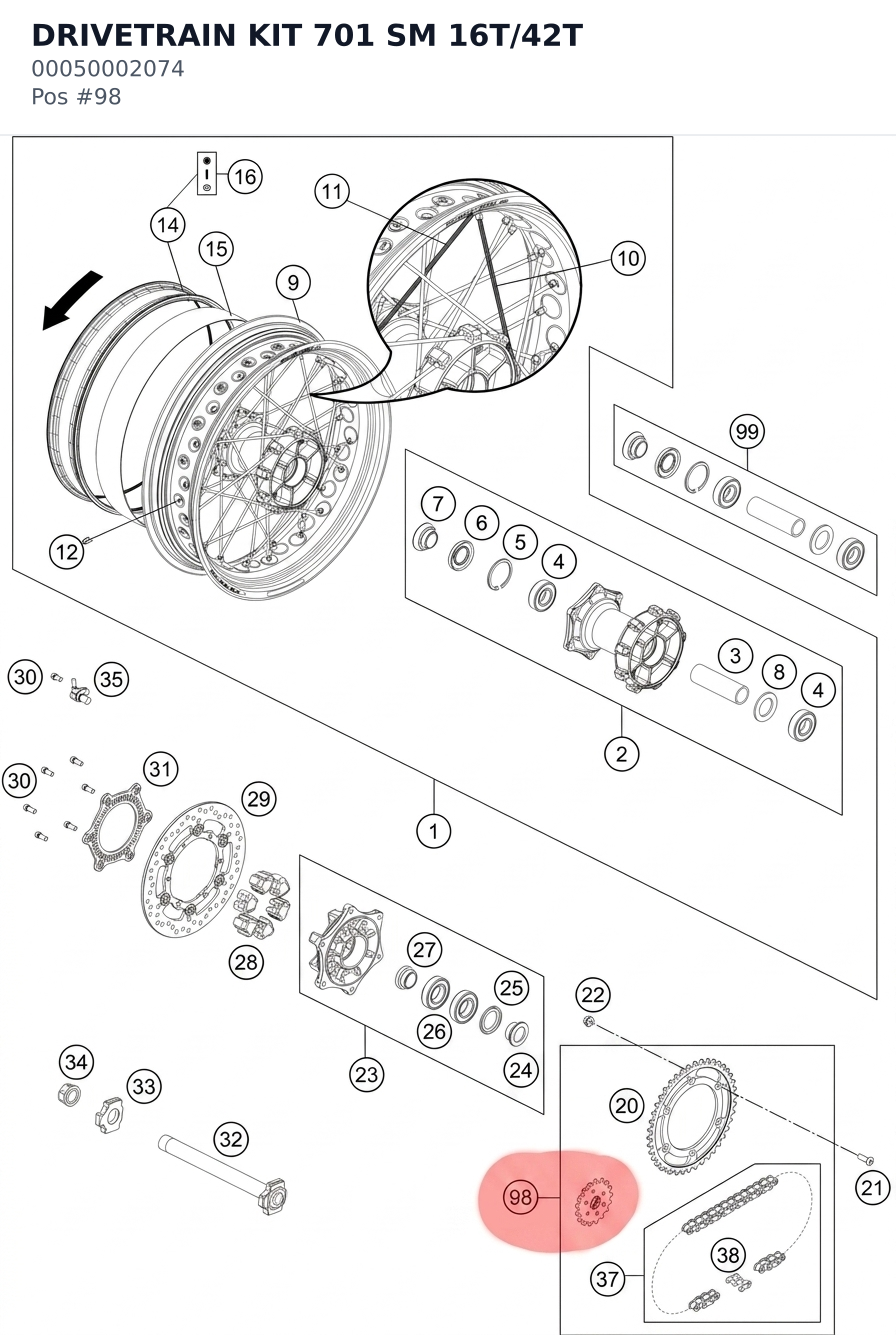Diagram preview: DRIVETRAIN KIT 701 SM 16T/42T (00050002074)