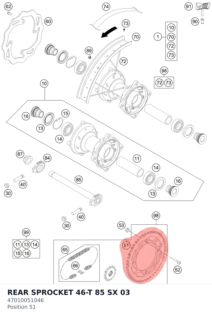 Diagram preview: REAR SPROCKET 46-T  85 SX   03 (47010051046)