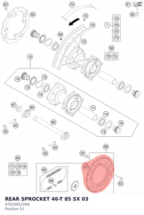 Diagram preview: REAR SPROCKET 46-T  85 SX   03 (47010051046)