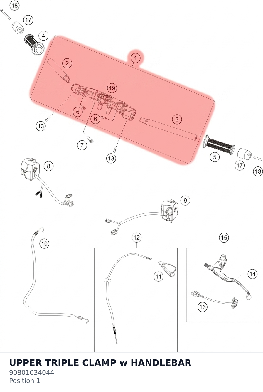 Diagram preview: UPPER TRIPLE CLAMP w HANDLEBAR (90801034044)