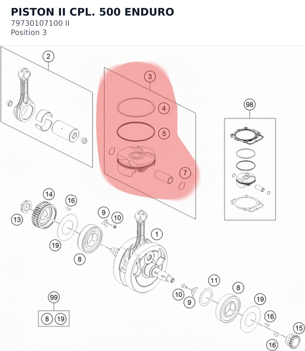 Diagram preview: PISTON II CPL. 500 ENDURO (79730107100 II)
