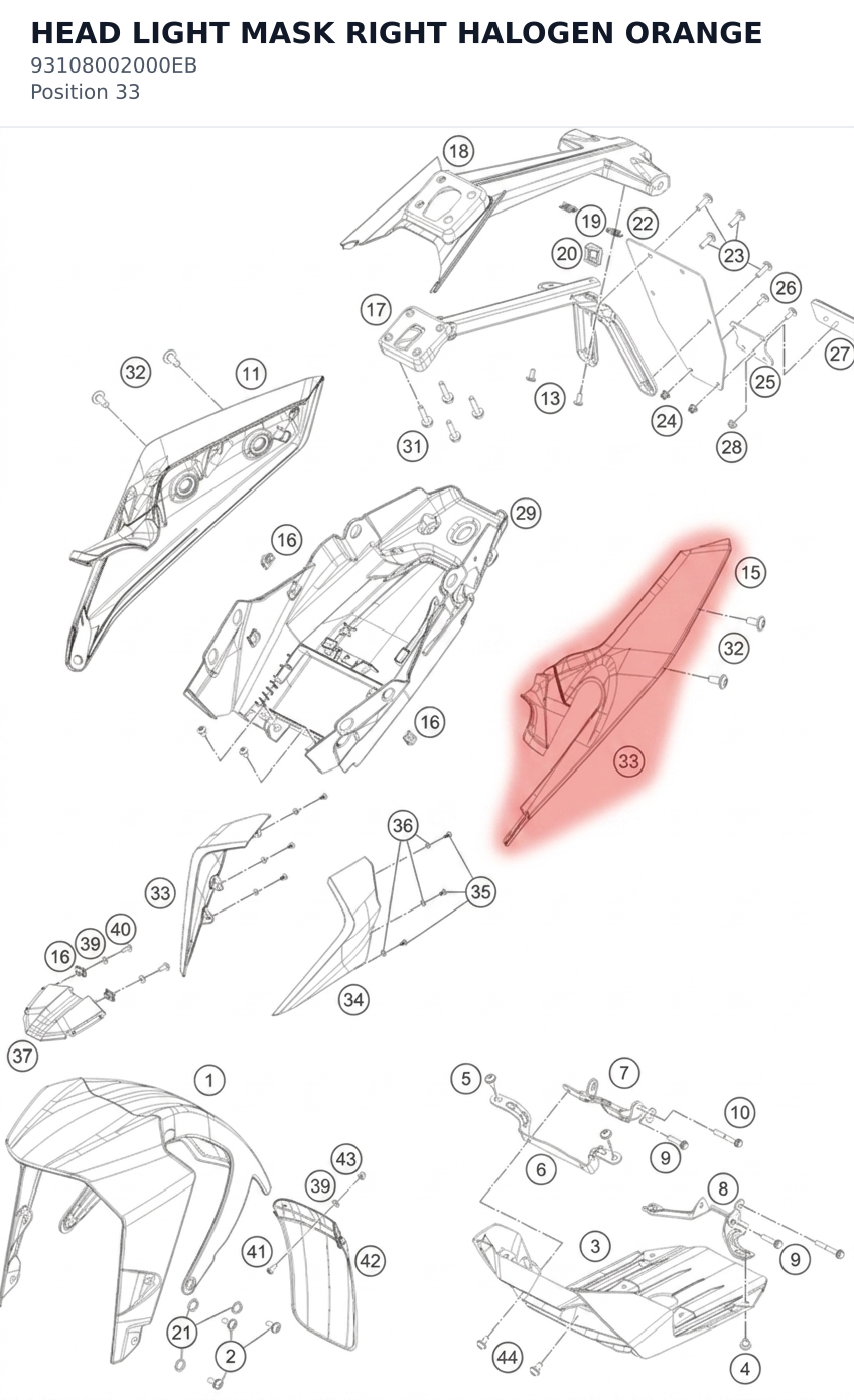 Diagram preview: HEAD LIGHT MASK RIGHT HALOGEN ORANGE (93108002000EB)