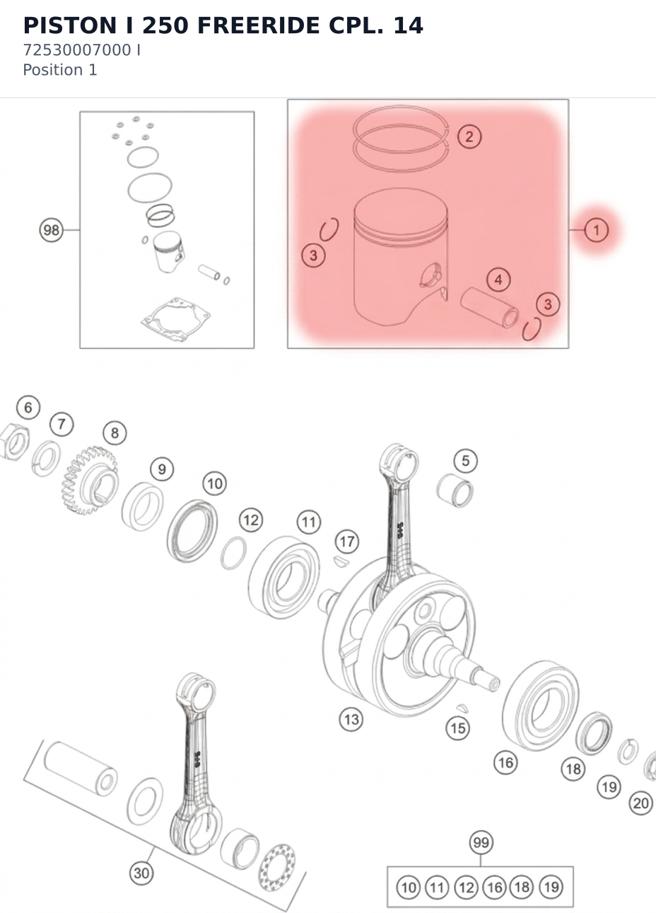 Diagram preview: PISTON I 250 FREERIDE CPL. 14 (72530007000 I)