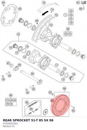 Diagram preview: REAR SPROCKET 51-T  85 SX   06 (47010051051)