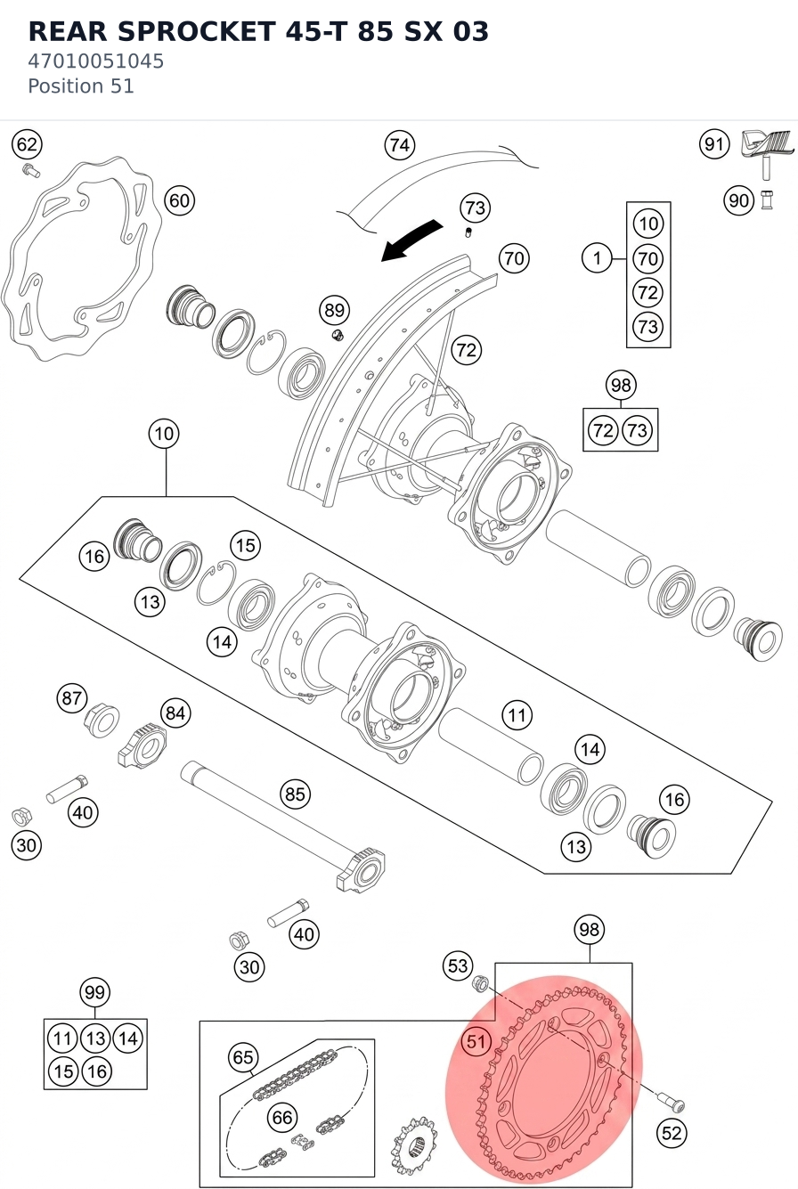 Diagram preview: REAR SPROCKET 45-T  85 SX   03 (47010051045)