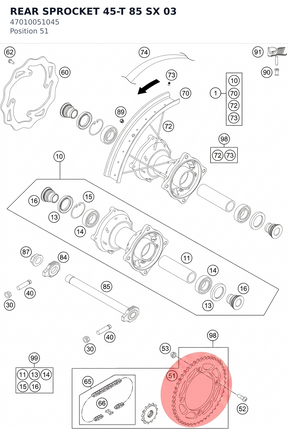 Diagram preview: REAR SPROCKET 45-T  85 SX   03 (47010051045)