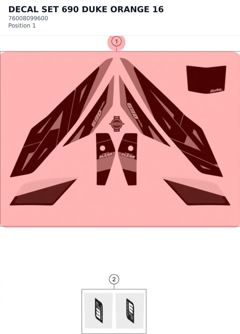 Diagram preview: DECAL SET 690 DUKE ORANGE 16 (76008099600)