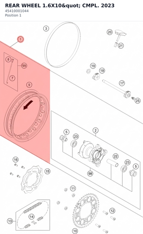 Diagram preview: REAR WHEEL 1.6X10" CMPL. 2023 (45410001044)
