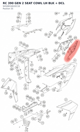 Diagram preview: RC 390 GEN 2 SEAT COWL LH BLK + DCL (94508018020C1B)