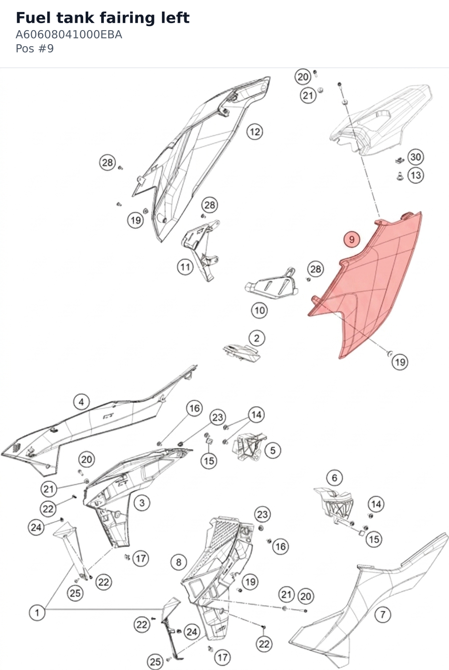Diagram preview: Fuel tank fairing left (A60608041000EBA)