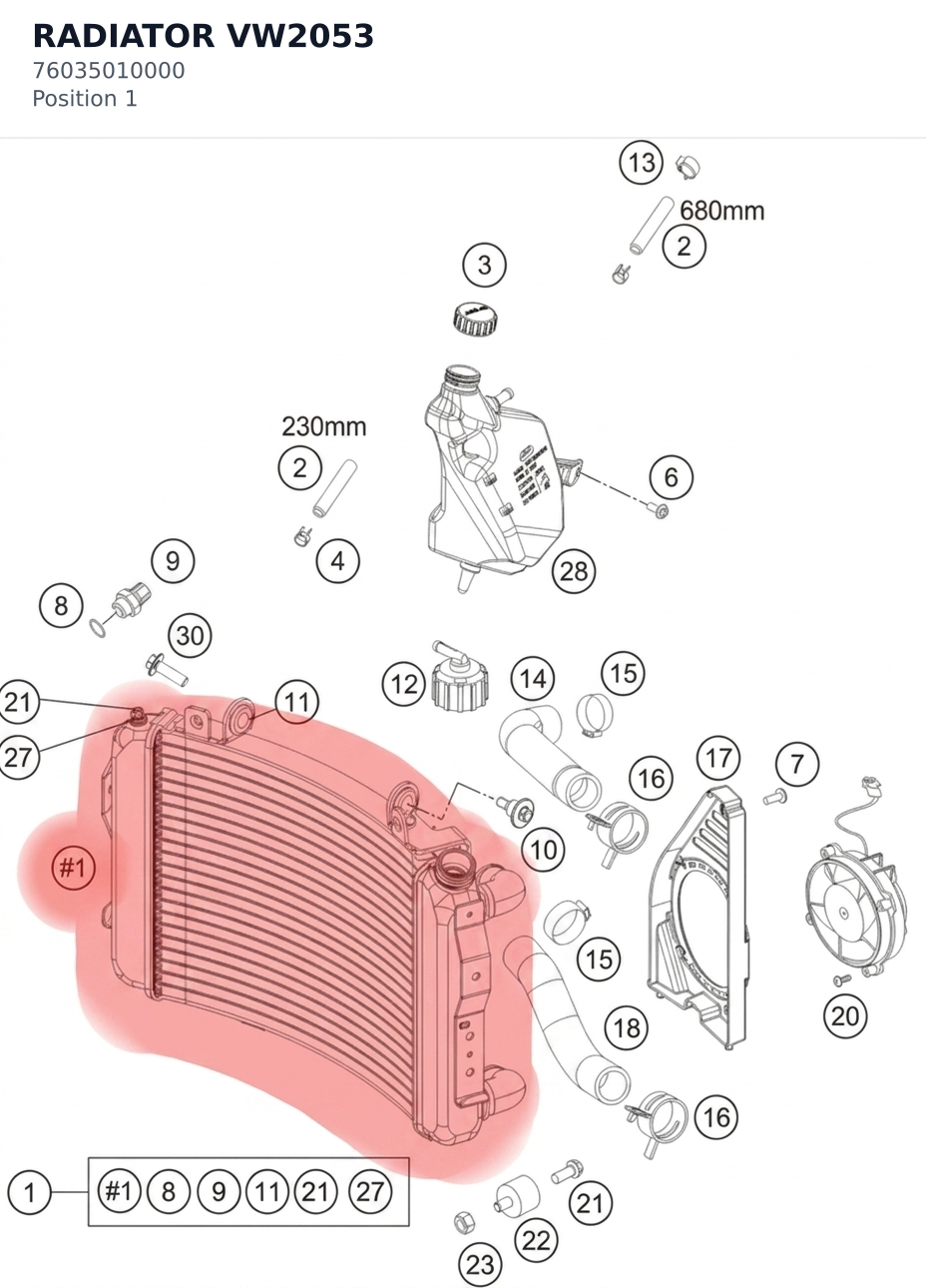 Diagram preview: RADIATOR VW2053 (76035010000)