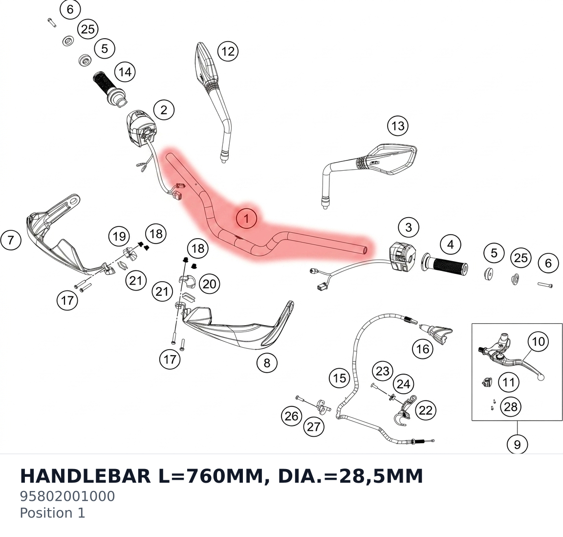 Diagram preview: HANDLEBAR L=760MM, DIA.=28,5MM (95802001000)