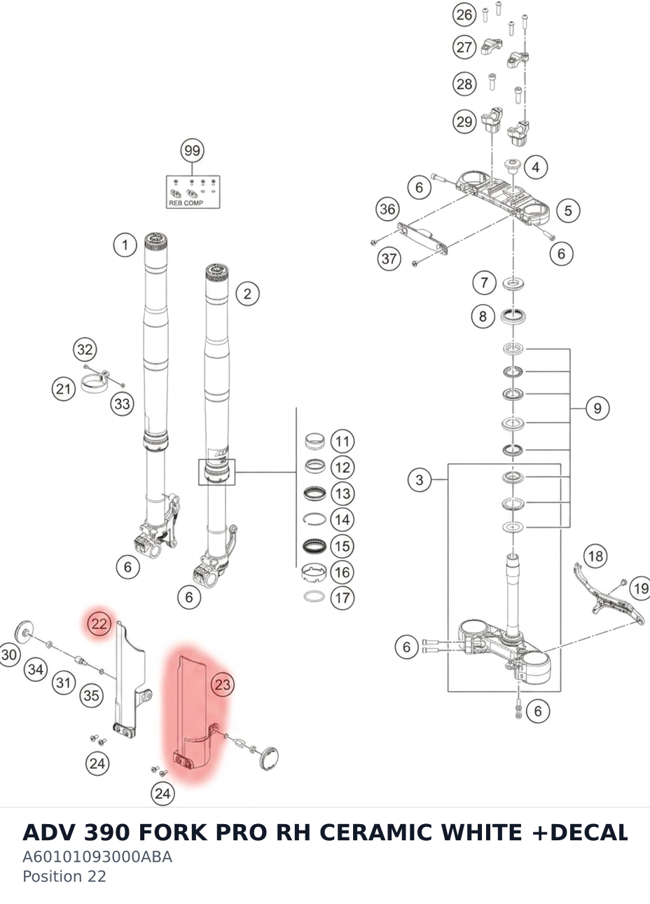 Diagram preview: ADV 390 FORK PRO RH CERAMIC WHITE +DECAL (A60101093000ABA)
