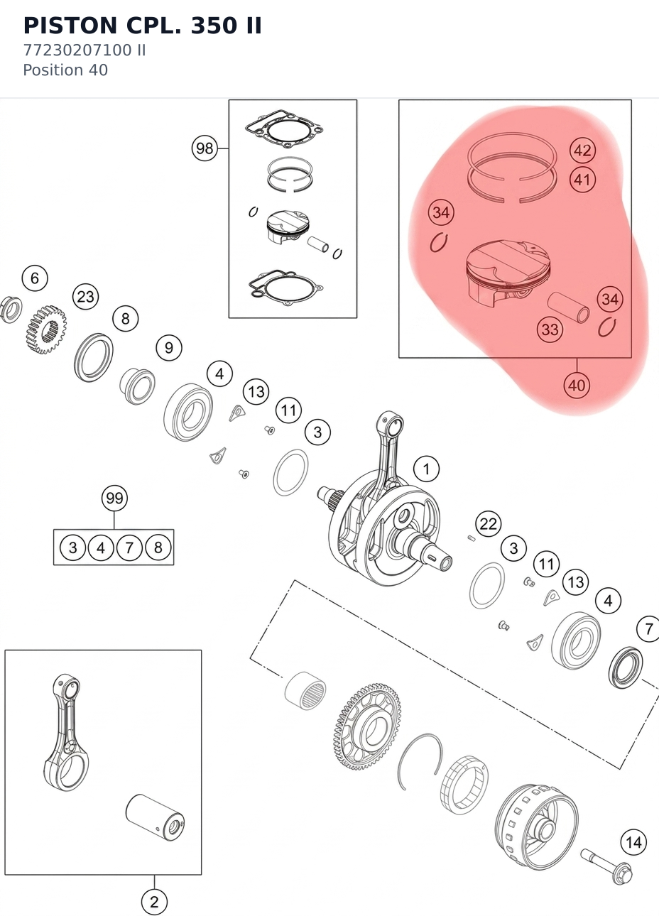Diagram preview: PISTON  CPL. 350 II (77230207100 II)