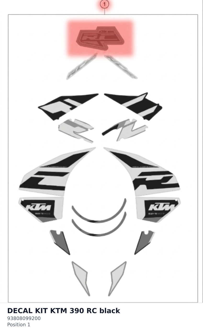 Diagram preview: DECAL KIT KTM 390 RC black (93808099200)