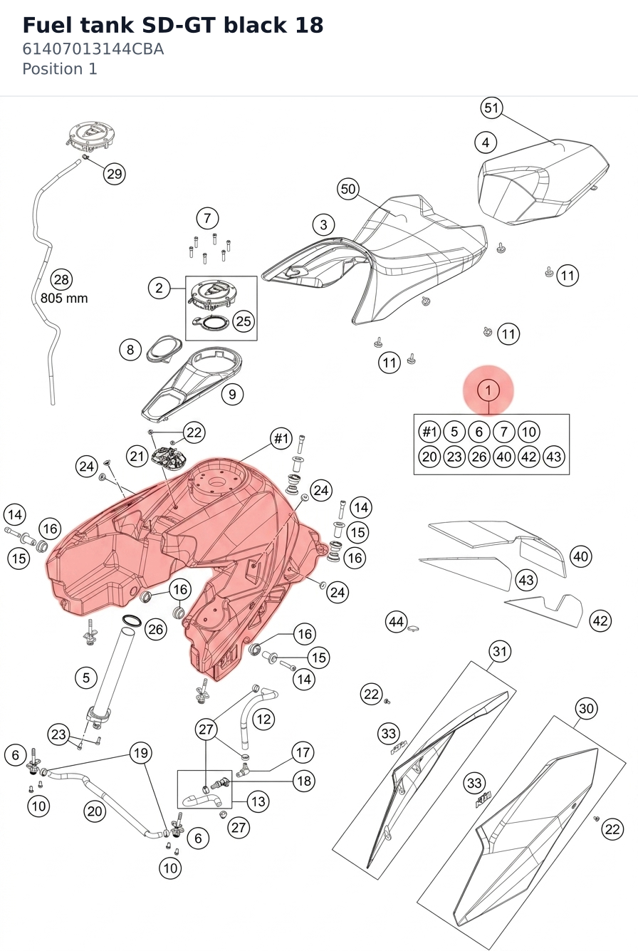 Diagram preview: Fuel tank SD-GT black 18 (61407013144CBA)