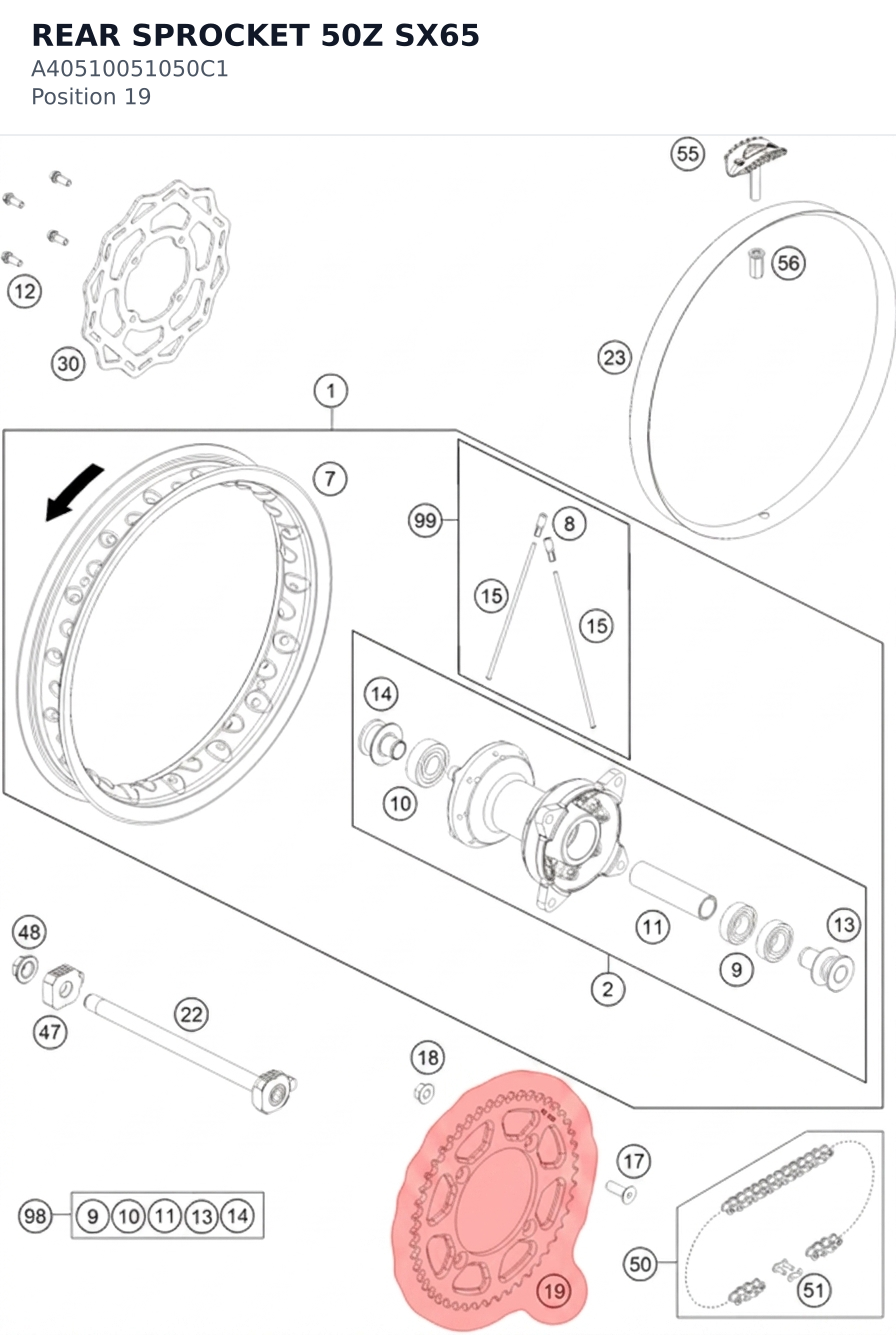 Diagram preview: REAR SPROCKET 50Z SX65 (A40510051050C1)