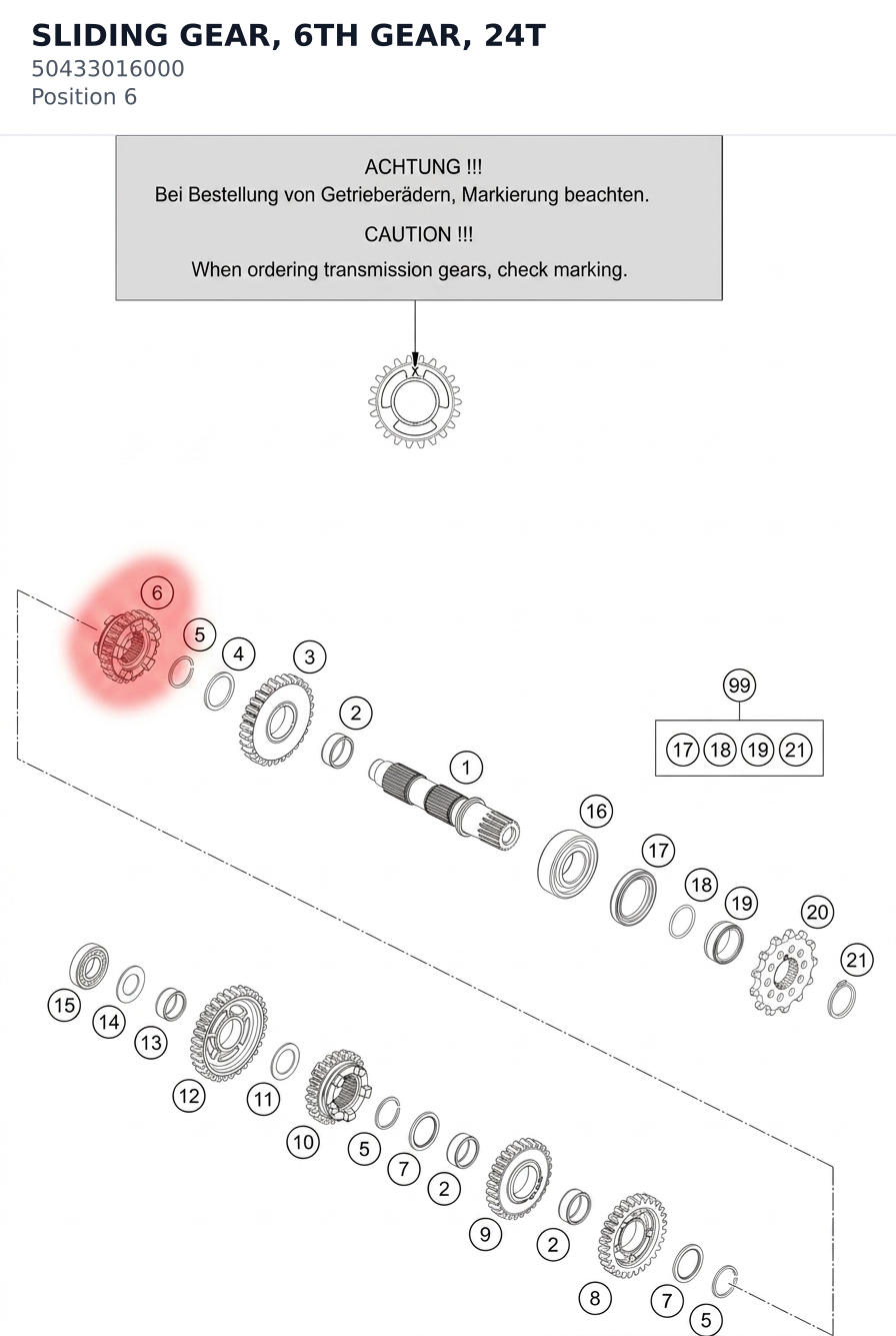 Diagram preview: SLIDING GEAR, 6TH GEAR, 24T (50433016000)