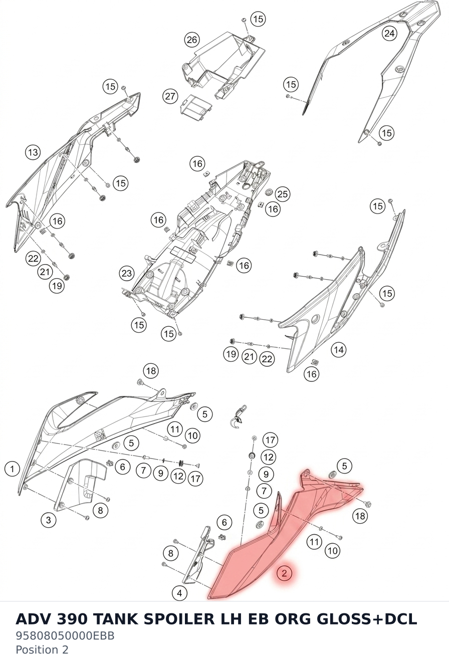 Diagram preview: ADV 390 TANK SPOILER LH EB ORG GLOSS+DCL (95808050000EBB)