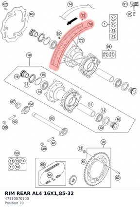 Diagram preview: RIM REAR AL4 16X1,85-32 (47110070100)