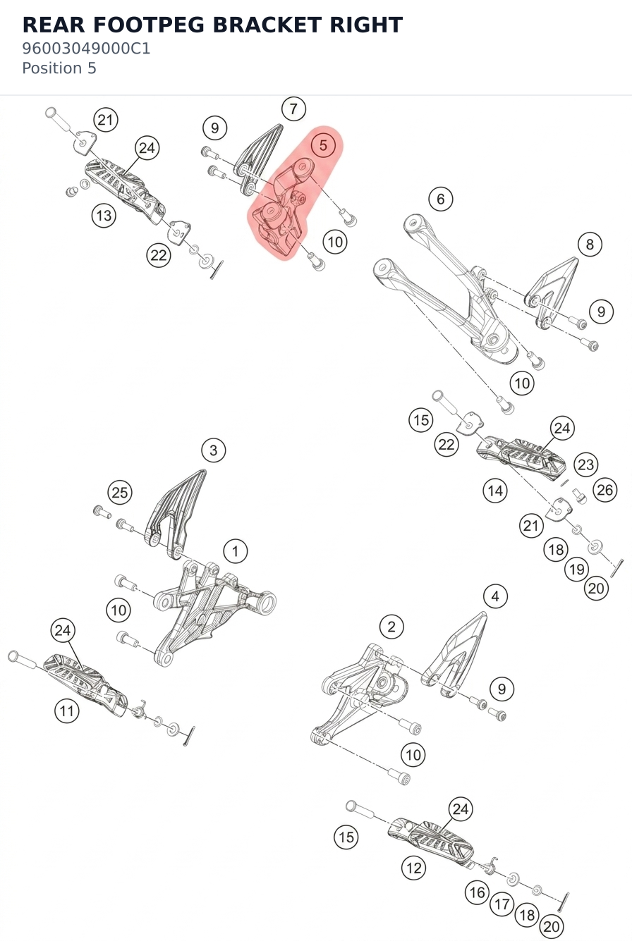 Diagram preview: REAR FOOTPEG BRACKET RIGHT (96003049000C1)